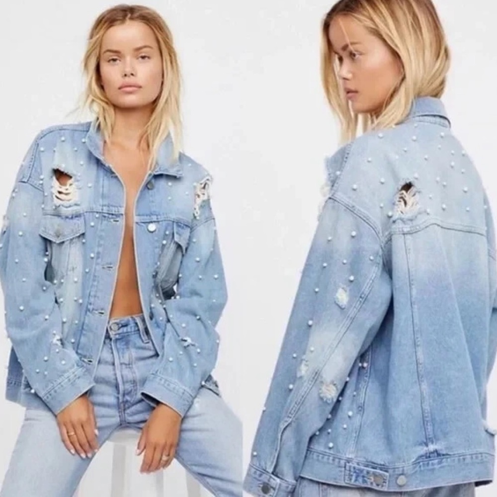 Free People Sunday Funday Pearl Studded Denim Jacket Womens Size M Distressed